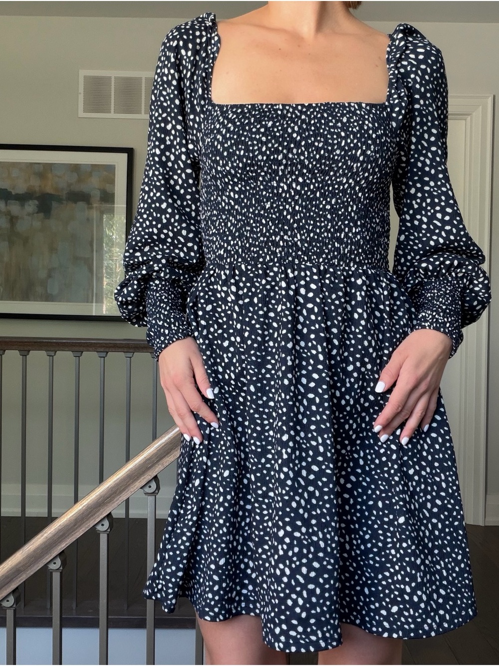Francesca's Collections Navy and White Smocked Square-Neck Mini Dress